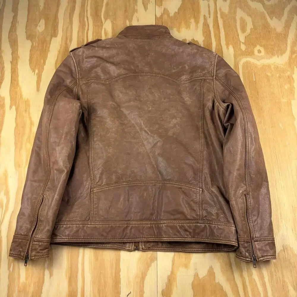 Vintage Black Rivet Distressed Leather Moto Jacket – Brown – Men’s XL